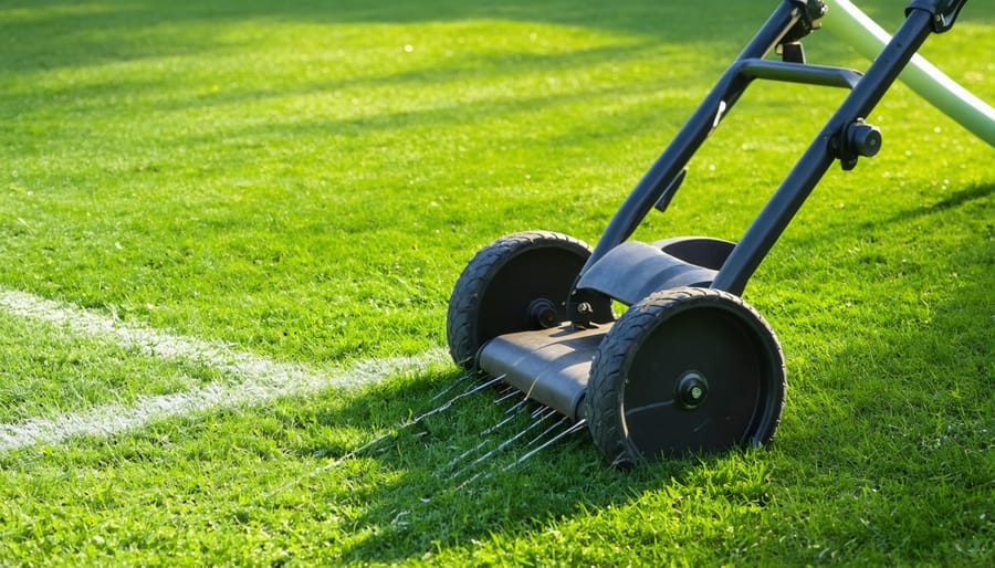 Ground-level view of a reel mower cutting a dense zoysia lawn in warm early morning light, with a blurred backyard, hose reel, and eucalyptus tree in the background.