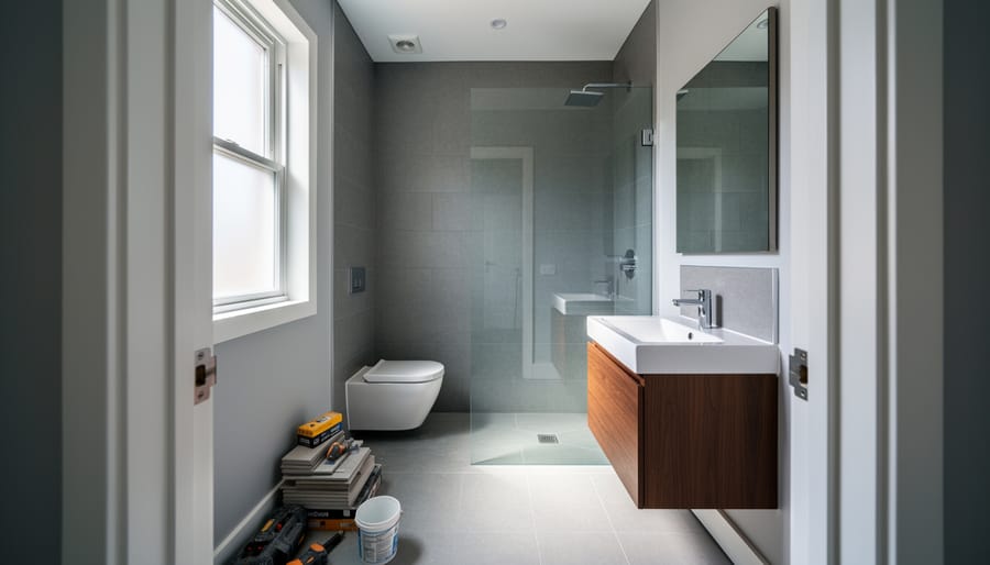 Small modern 8x5 bathroom viewed from the doorway with toilet on the short wall, 30-inch floating vanity opposite, and a glass walk-in shower at the far end, softly lit by natural daylight with neatly stacked tools blurred in the background.
