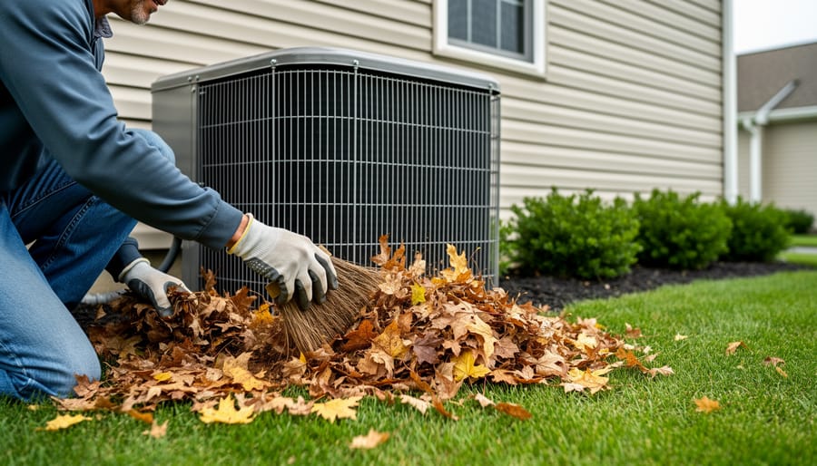 Gloved hands removing dry leaves from the base of a residential outdoor AC condenser unit next to a house, with the yard softly blurred in the background.