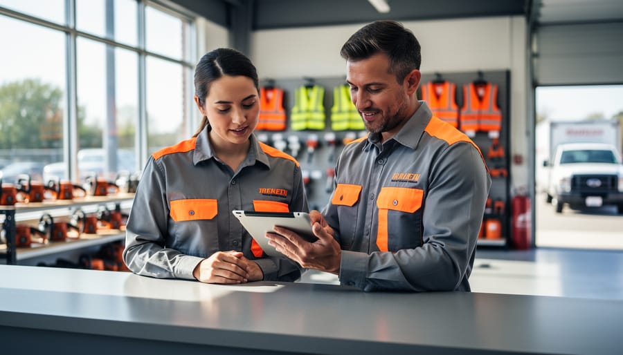 Two employees at a tool rental store collaborate over a tablet at the counter, with shelves of tools and a delivery truck softly blurred in the background under diffused daylight.