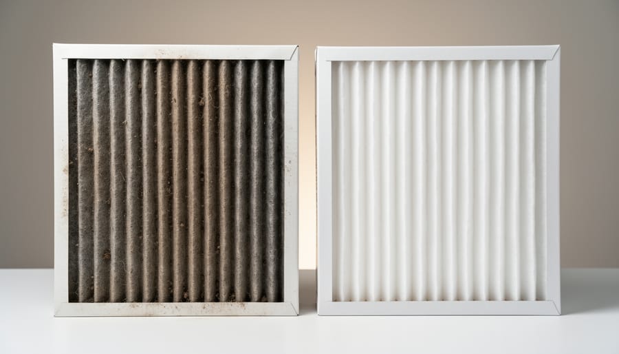 Hand holding dirty air filter next to clean replacement filter showing maintenance comparison