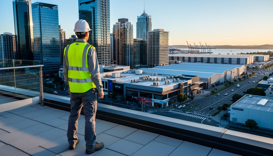 Tradesperson in high-visibility vest and hard hat on a rooftop looking across an Australian city skyline with glass office towers, a shopping center, and a distant warehouse district at golden hour, representing diversified A-REIT property exposure.
