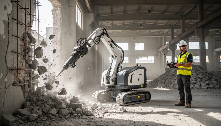 Remote-controlled demolition robot with hydraulic breaker working on concrete wall