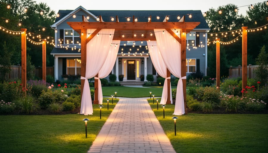 Level green backyard at golden hour featuring a white fabric–draped pergola, café string lights hung from 4x4 wooden posts, and low pathway lights along a paver path with a house and garden softly in the background.