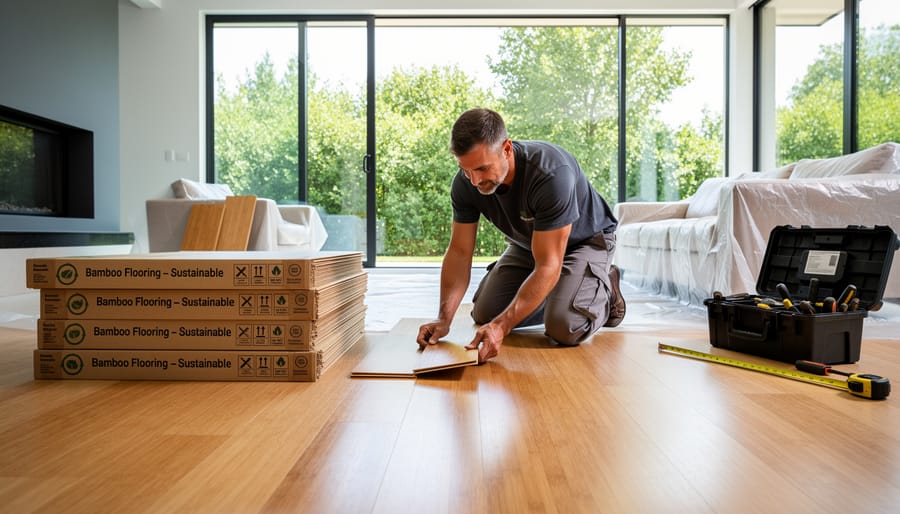 Close-up of bamboo flooring planks being installed showing natural grain and tongue-and-groove connection