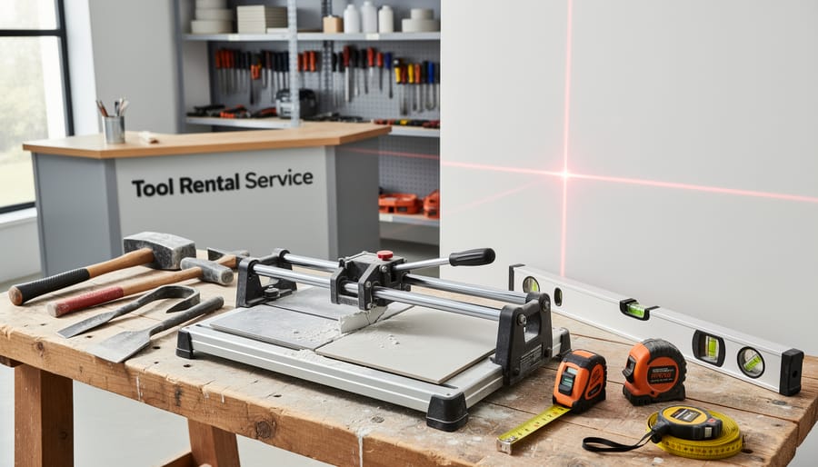 Professional renovation tools including wet saw, laser level, and reciprocating saw on workbench