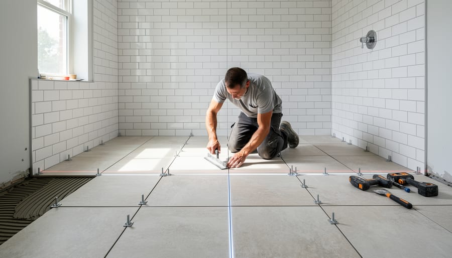 Close-up of hands installing subway tile on bathroom wall with trowel and adhesive