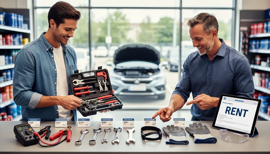 Collection of car battery replacement tools including wrenches, terminal cleaner, and testing equipment on workbench