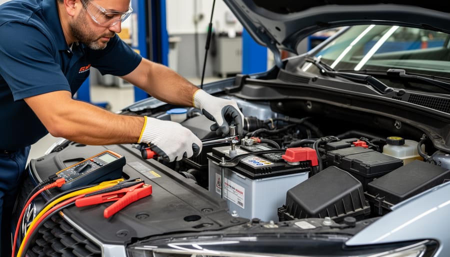 Mechanic's hands using wrench to disconnect car battery terminal safely
