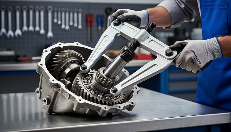 Mechanic using hydraulic bearing puller on automotive gearbox bearing