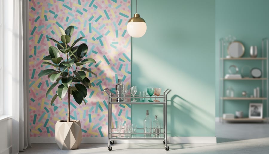 Straight-on wide shot of a living room corner with Memphis-pattern removable wallpaper in pink, teal, and yellow next to a seafoam accent wall, brass frosted-glass globe pendant, chrome bar cart, and a tall rubber tree in a geometric planter, softly lit by daylight with blurred shelving in the background.