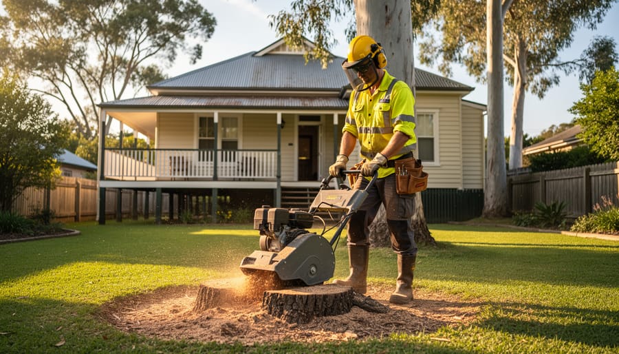 Arborist in high-visibility gear using a stump grinder on a tree stump in a sunny Brisbane backyard, with gum trees and a Queenslander-style house in the background.