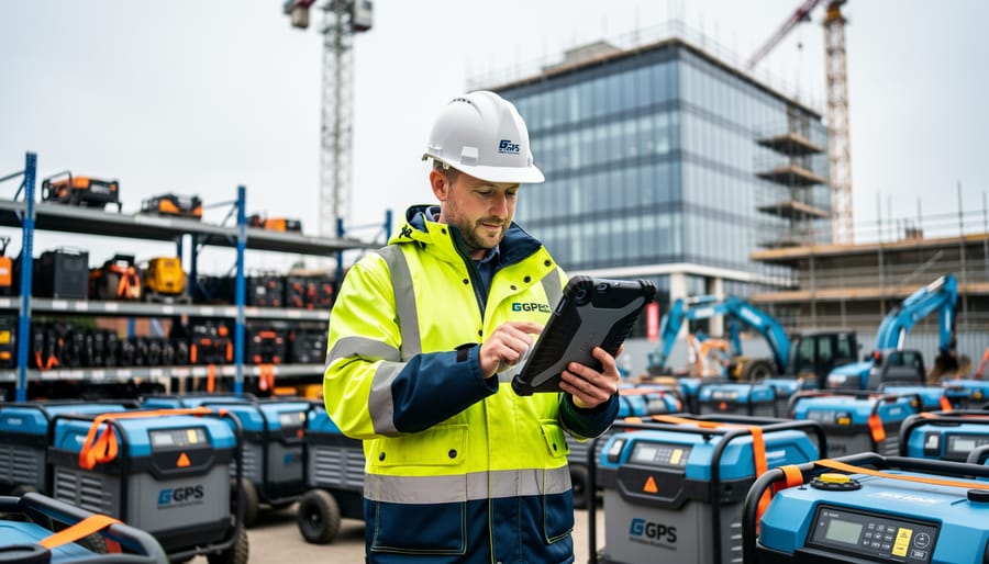 UK tradesperson in high-visibility gear using a rugged tablet beside equipment racks in a tool hire yard, with cranes and a glass office building under construction softly blurred in the background.