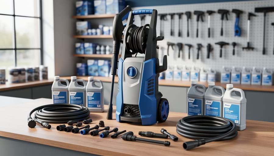 Pressure washer on a rental counter with accessory nozzles, hose extensions, and cleaning solution bottles, set against a blurred rental shop background.