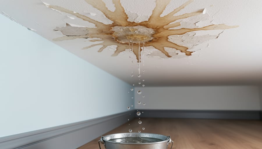 Water-damaged ceiling showing brown stains and water droplets dripping