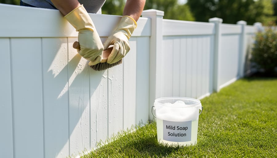 Person wearing gloves cleaning white vinyl fence with soft brush and soapy water