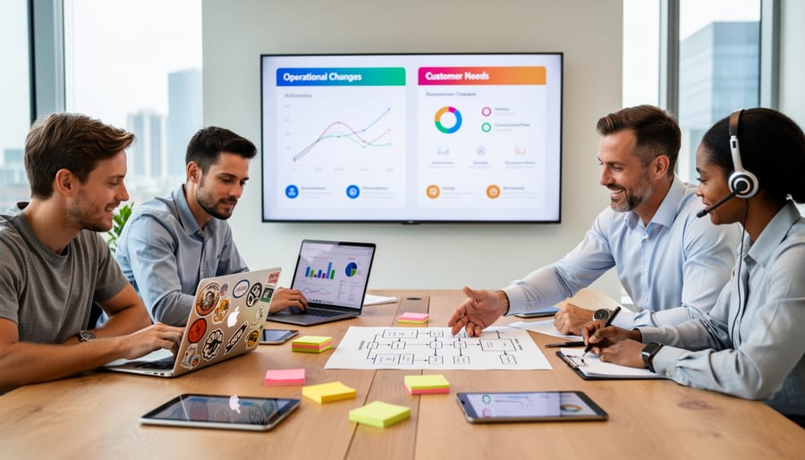 Tool rental business team members collaborating together in workshop setting