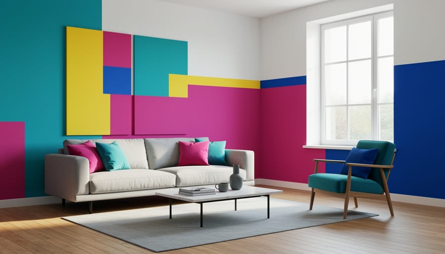 Modern living room wall with geometric color-blocked pattern in teal, coral, and mauve