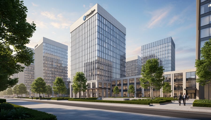 Modern commercial office building with glass facade against blue sky