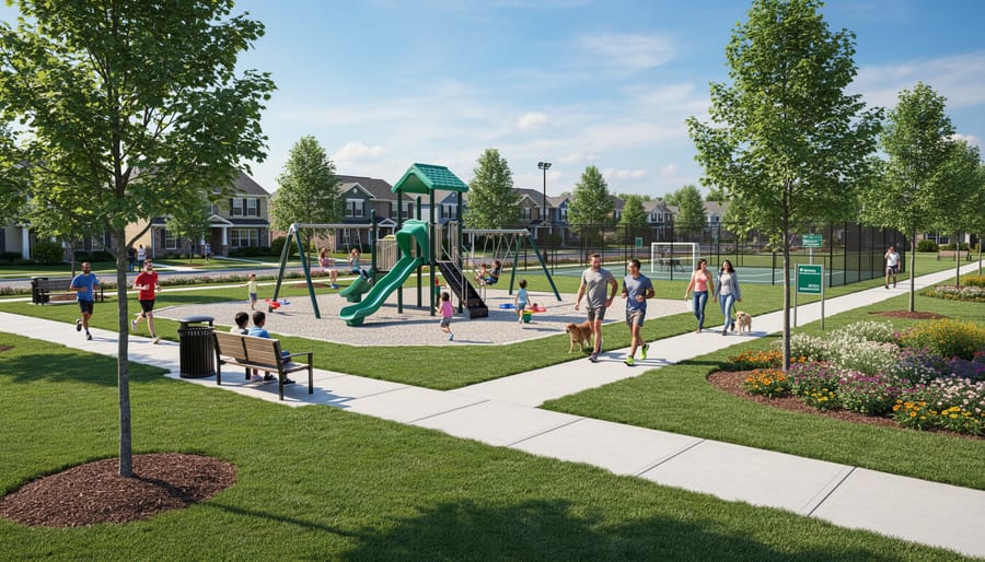 Family enjoying well-maintained community park with playground and walking paths