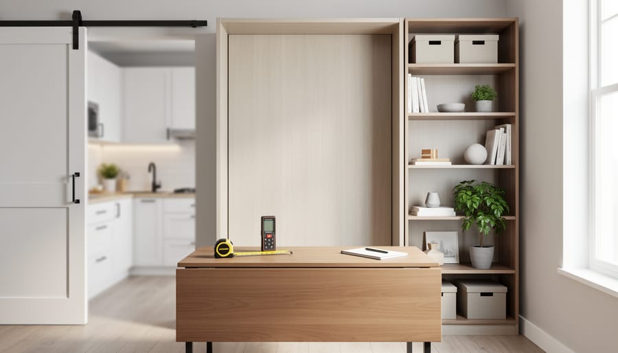 Compact studio with a Murphy bed folded up, drop-leaf desk holding measuring tools, floor-to-ceiling shelves, and a sliding barn door, lit by soft natural daylight.