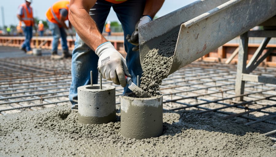 Construction worker filling cylindrical molds with concrete for quality testing samples