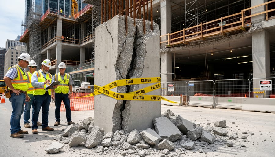 Close-up of cracked and deteriorating concrete showing structural damage from poor quality control