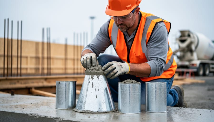 Construction technician in high-visibility vest performing a concrete slump test beside steel cylinder molds, with rebar, formwork, and a mixer truck softly blurred in the background