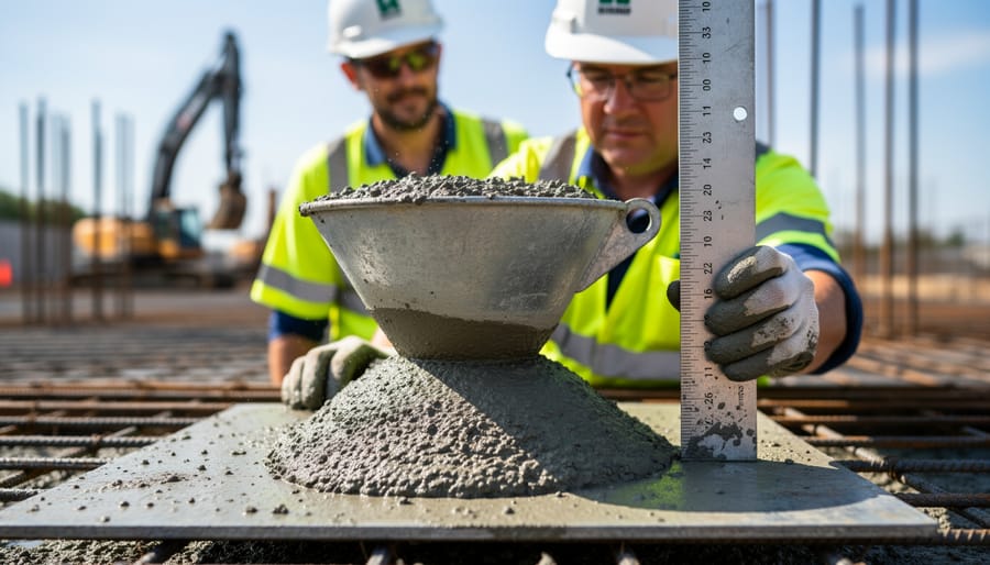 Construction worker performing slump test on fresh concrete at job site