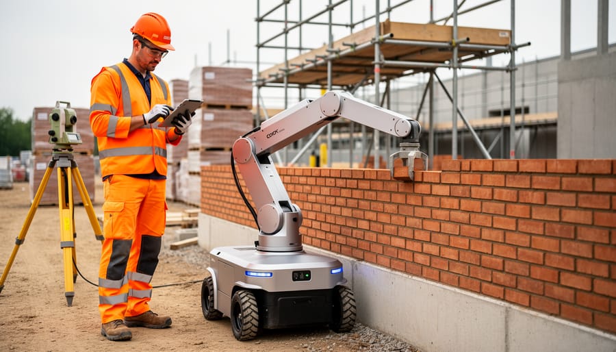 Robotic bricklaying machine placing red bricks on a construction site as a worker in a hard hat and safety vest monitors with a tablet, with pallets, scaffolding, and a total station in the background.