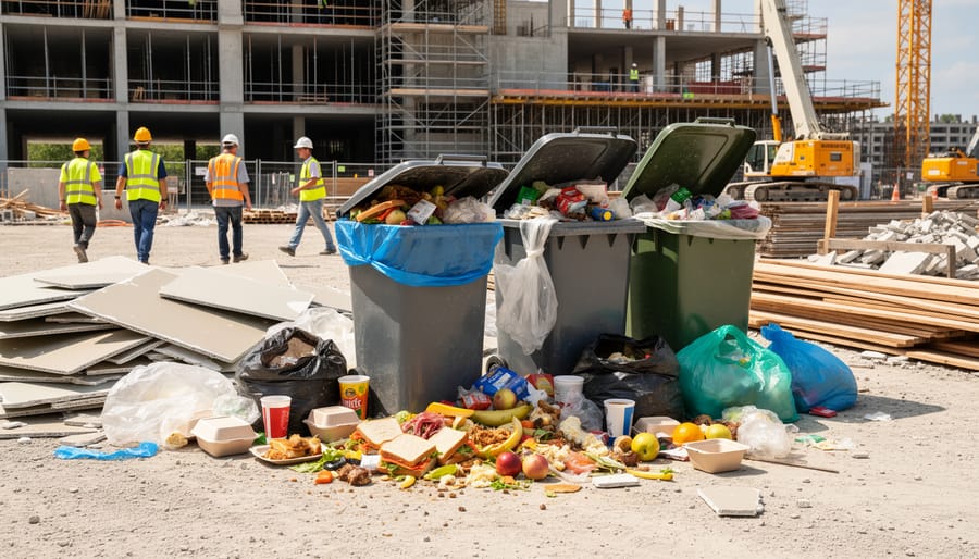 Overflowing construction site waste bin with food scraps and lunch packaging