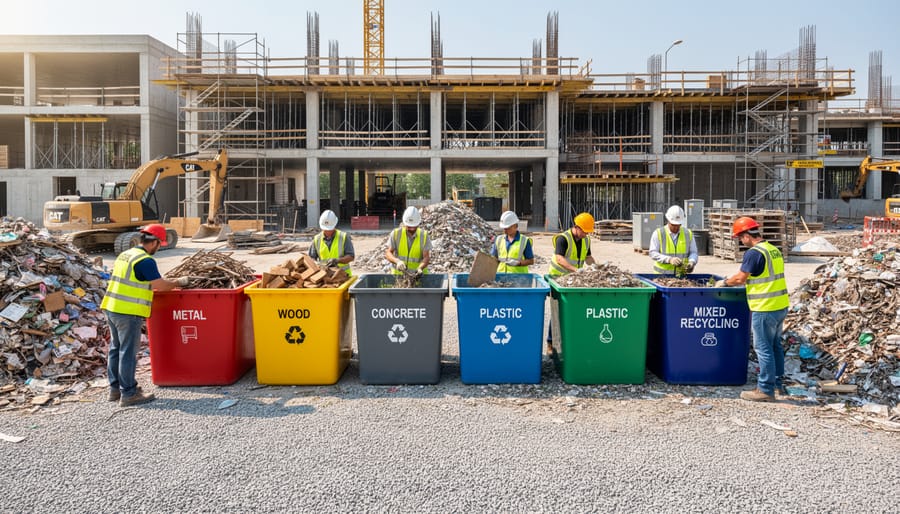 Construction site waste sorting station with labeled bins for timber, metal, and cardboard materials