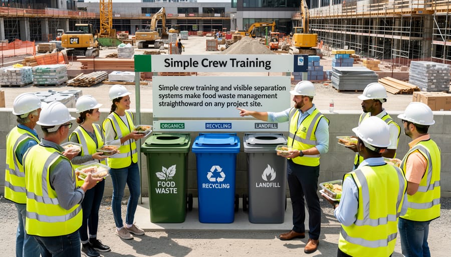 Construction worker properly separating food waste into designated container during lunch break