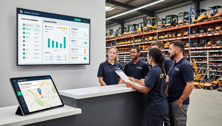 Tradesperson inspecting rental tool quality while using digital device