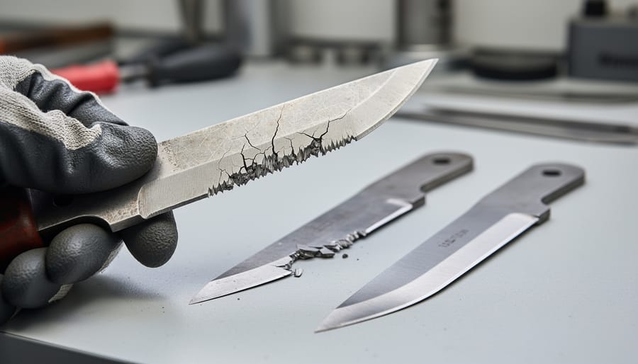 Comparison of damaged knife blade with chips and cracks next to intact blade showing when replacement is necessary