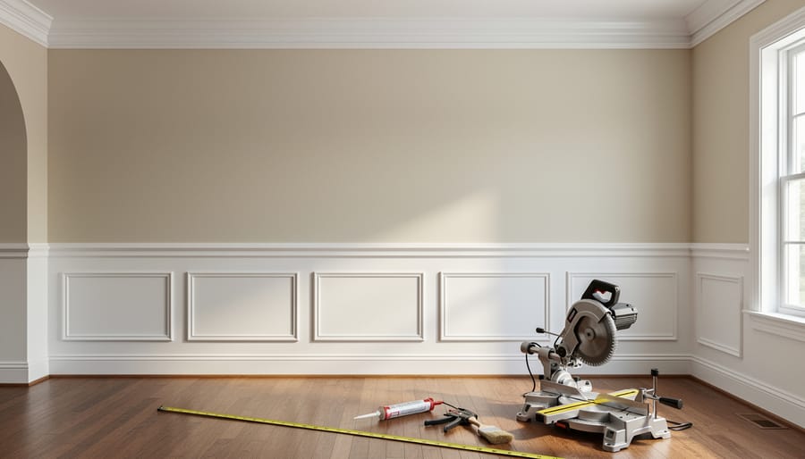 White crown molding and chair rail detail against green painted wall in formal dining room