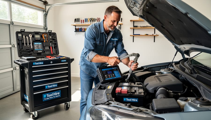 DIY car owner in home garage with hired battery replacement tools after successful repair