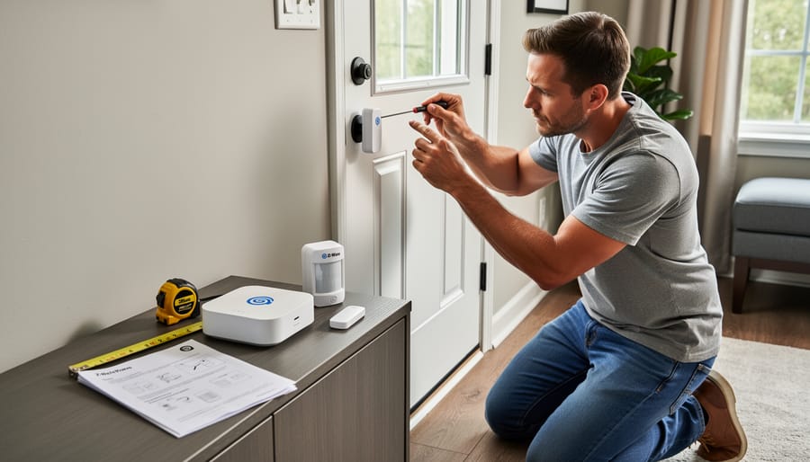 Person installing smart lock on front door using power drill