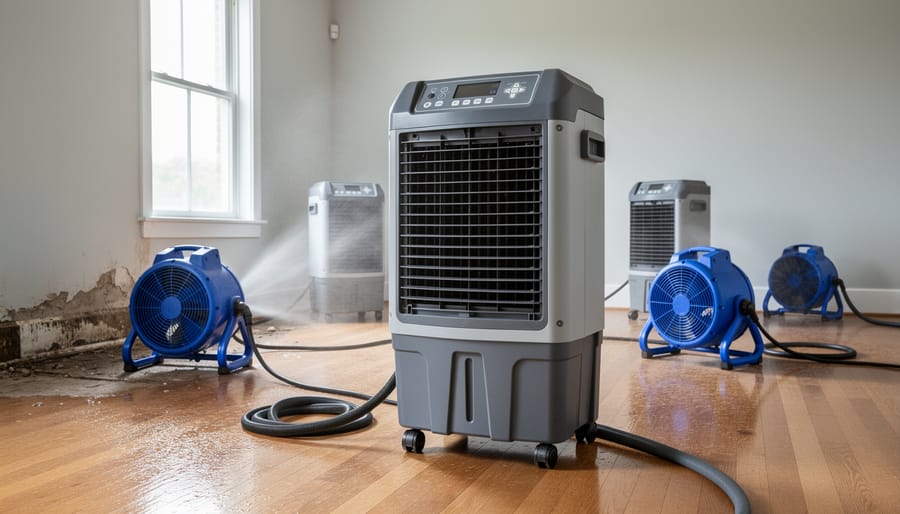 Industrial dehumidifier and air mover equipment drying water-damaged room