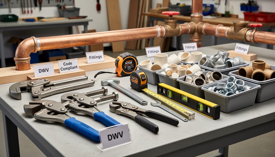 Plumber's hands using pipe cutter on PVC drain pipe with tools and fittings on work surface
