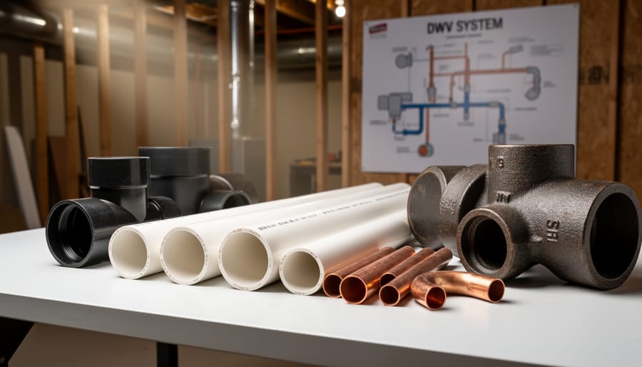 Comparison of different plumbing pipe materials including PVC, ABS, cast iron, and copper