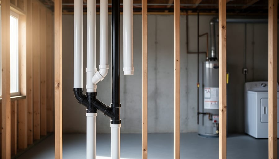 Exposed residential DWV system with white PVC and black ABS pipes mounted on open studs in an unfinished basement, viewed straight-on with a concrete wall and water heater in the background.