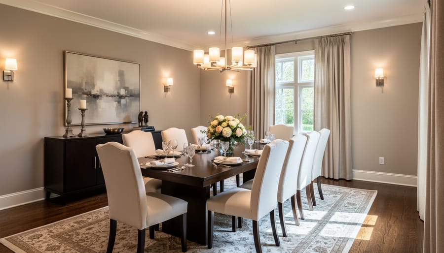 Elegant formal dining room with chandelier, mahogany table, and upholstered chairs