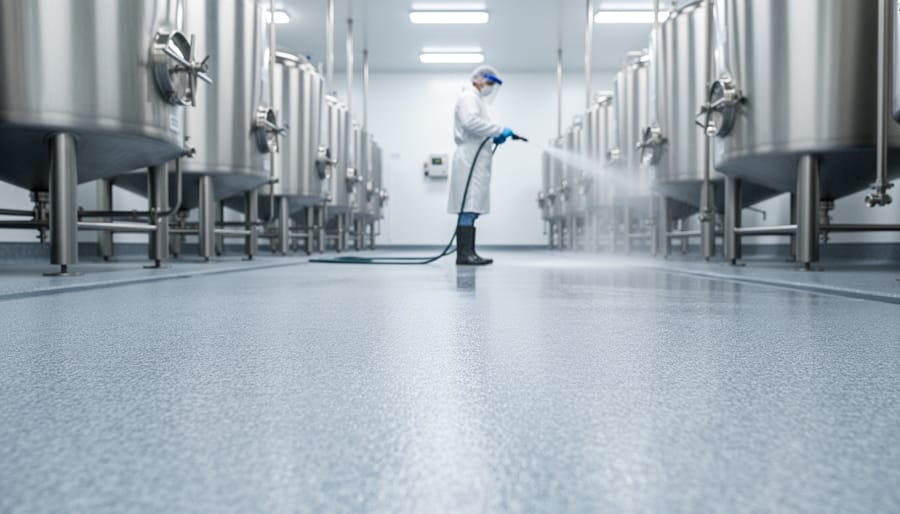 Low-angle view of seamless gray epoxy floor in a food processing facility, with sharp foreground texture, stainless steel equipment and floor drains in the background, and a worker in protective gear rinsing under bright, diffused lighting.