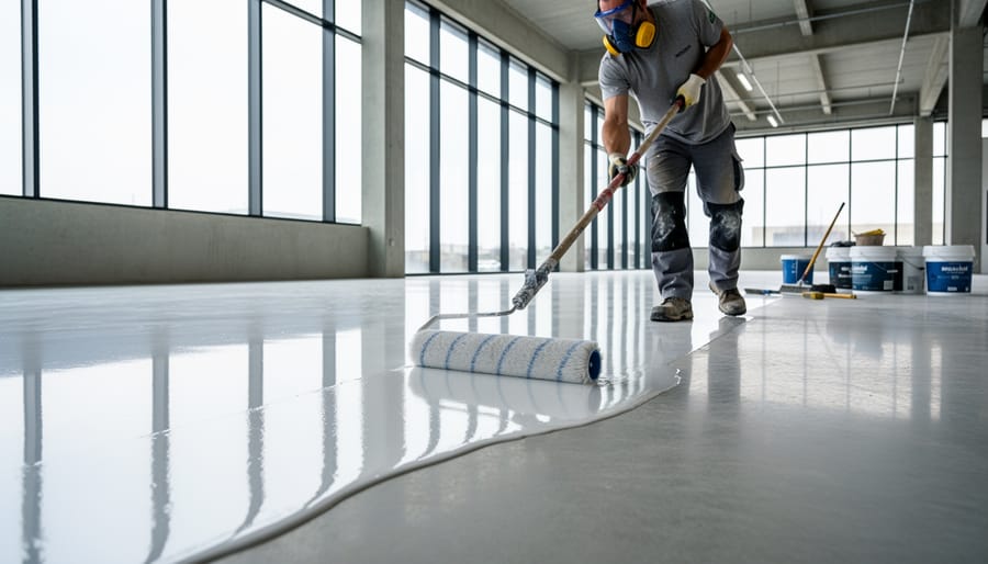 Worker applying epoxy flooring coating with squeegee tool on concrete surface