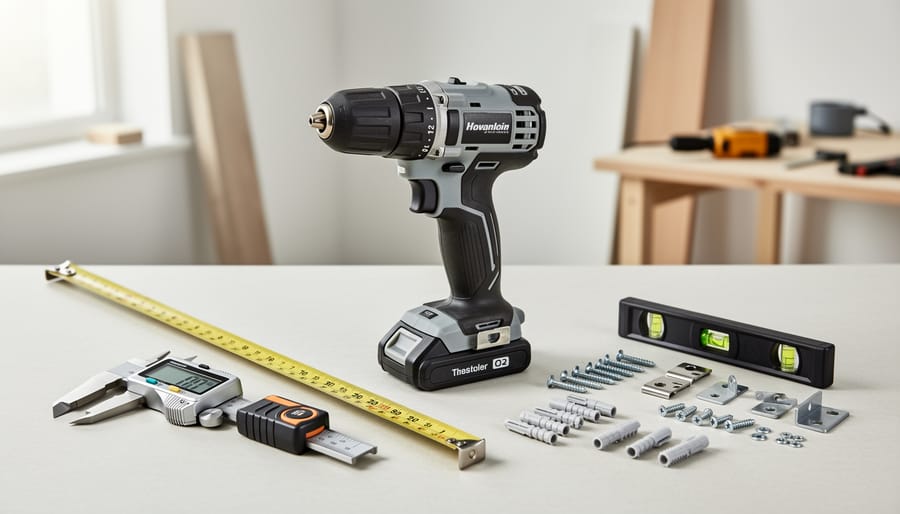 Compact power tools and measuring equipment arranged on workbench
