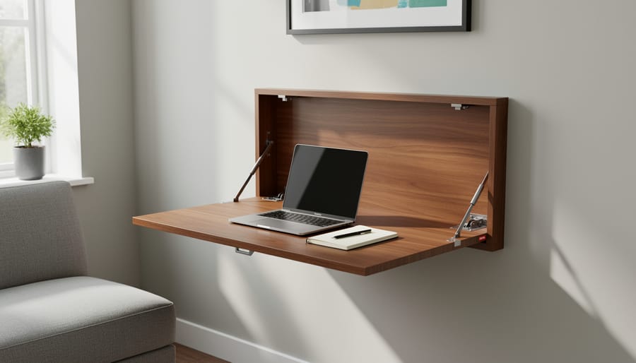 Wall-mounted fold-down wooden desk showing hinged mechanism