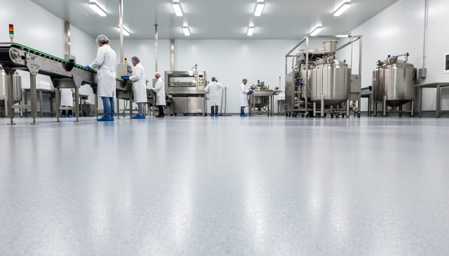 Gray epoxy flooring in food processing facility with stainless steel equipment and drainage
