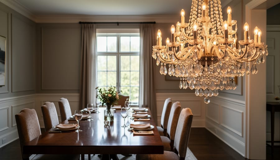 Ornate crystal chandelier with multiple tiers hanging in formal dining room