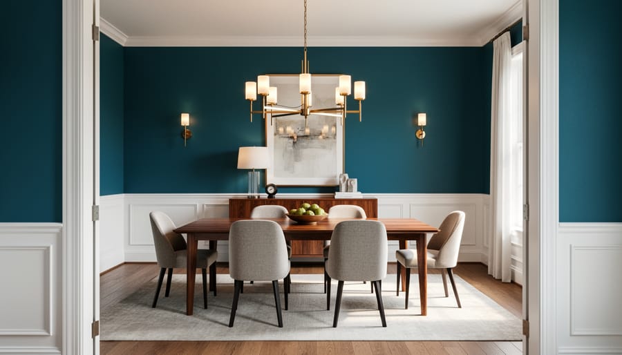 Straight-on wide photo of a formal dining room with a walnut table, six upholstered chairs, and a brass chandelier, set against deep teal walls with white wainscoting; chandelier, sconces, and a buffet lamp provide warm layered lighting, with a side window and clear walkway space visible.